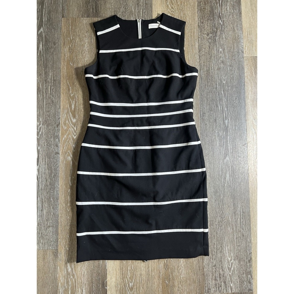 Calvin Klein black and white striped sleeveless sheath dress size 8